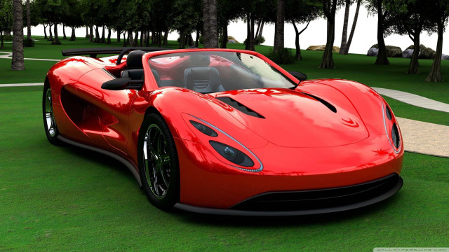 Red sports car green field free wallpaper for desktop - medium preview image