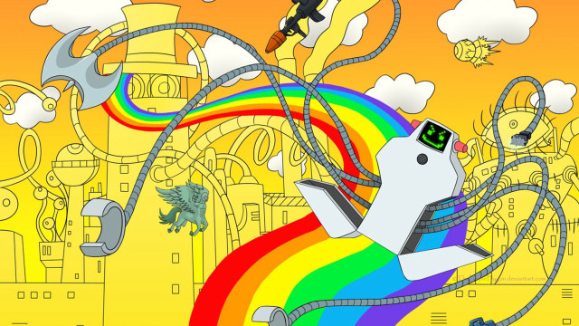 Cartoon character flying rainbow roller free wallpaper for desktop - medium preview image