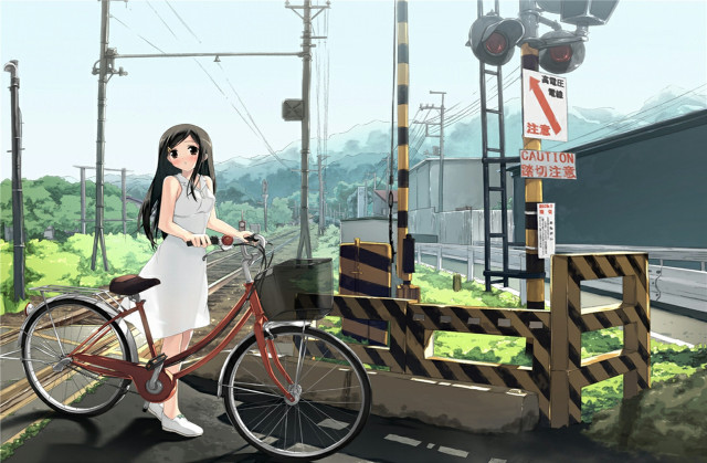 Woman riding bike street train #2 free wallpaper for desktop - medium preview image