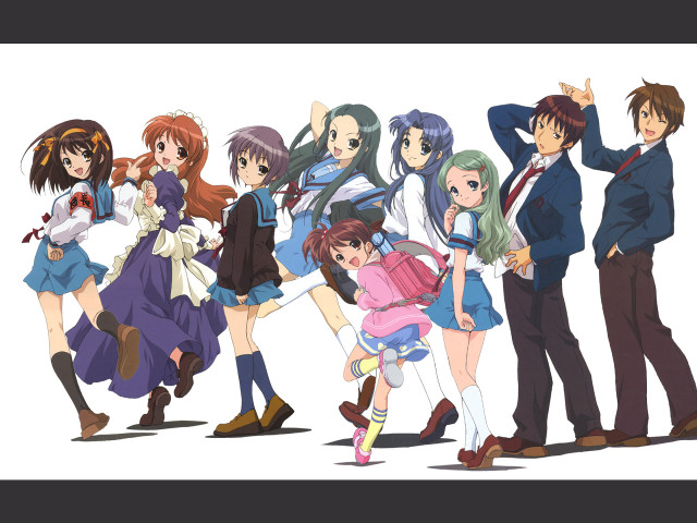 Anime characters group posing white free wallpaper for desktop - medium preview image