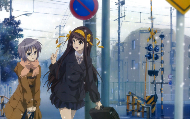 Anime characters walking street luggage free wallpaper for desktop - medium preview image