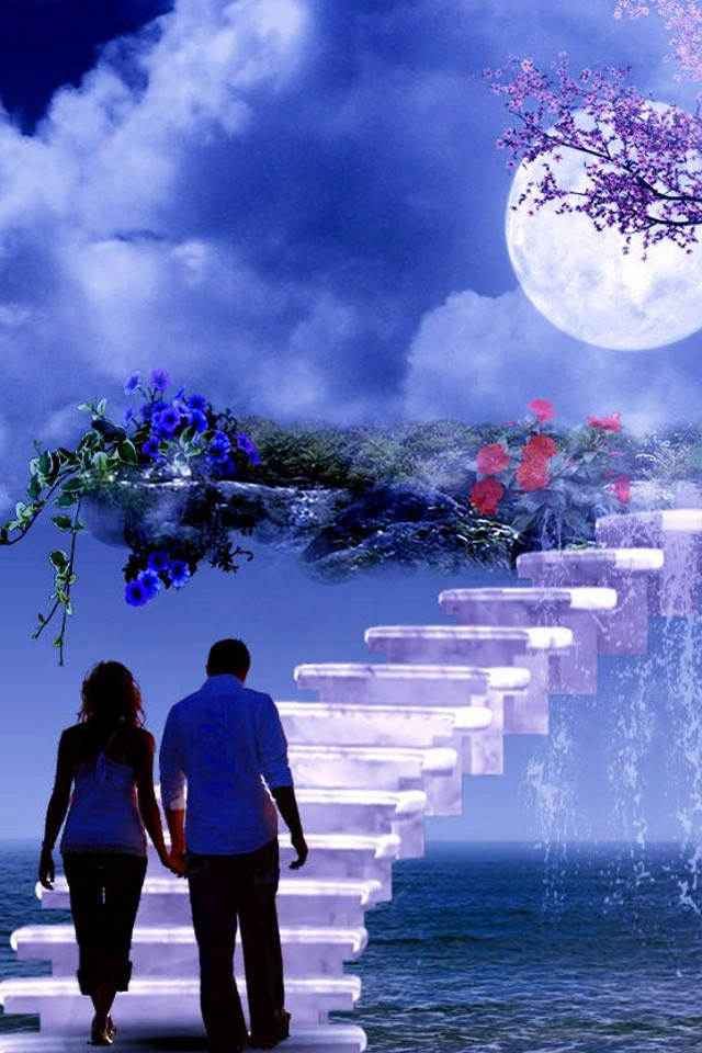 Couple stairway waterfall tree moon free wallpaper for mobile - medium preview image