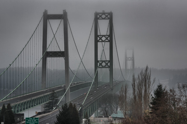Foggy bridge cars street sign free wallpaper for desktop - medium preview image