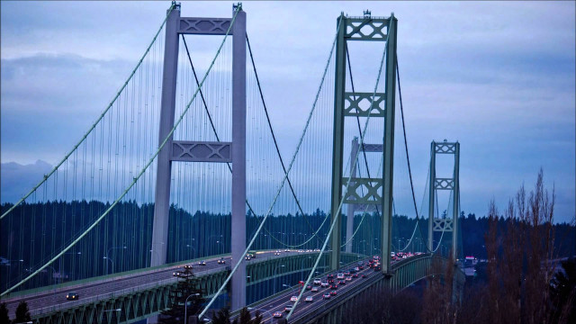 Bridge cars forest dusk blue free wallpaper for desktop - medium preview image