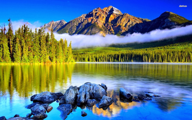 Mountain range lake trees clouds free wallpaper for desktop - medium preview image