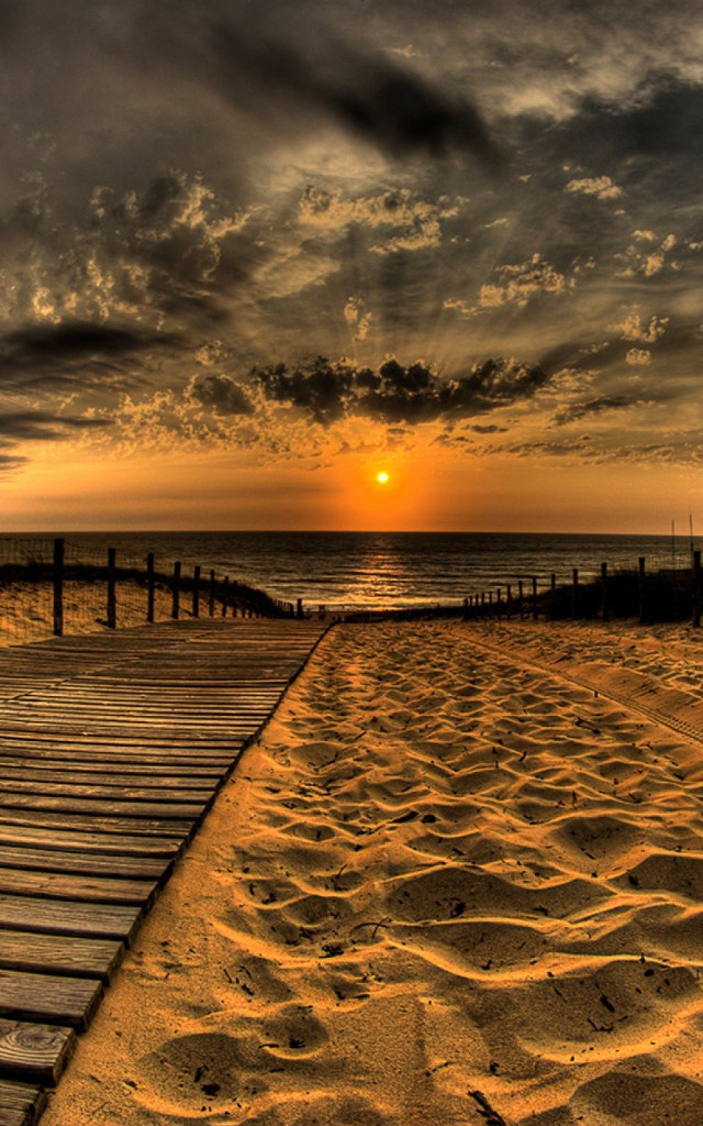 Boardwalk beach sunset cloudy sky free wallpaper for mobile - medium preview image