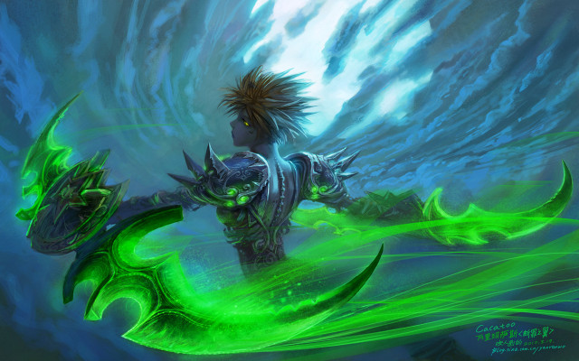 Demon woman green hair weapon free wallpaper for desktop - medium preview image