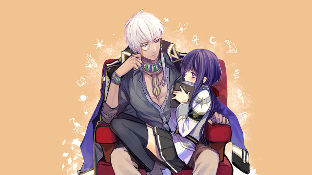 Anime couple sitting red chair free wallpaper for desktop - medium preview image