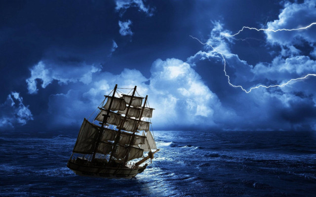 Stormy ocean ship lightning cloudy free wallpaper for desktop - medium preview image