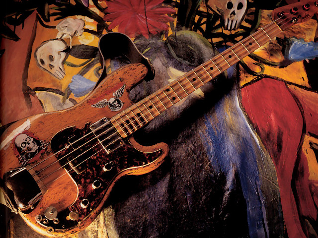 Wooden bass guitar skull flower free wallpaper for desktop - medium preview image