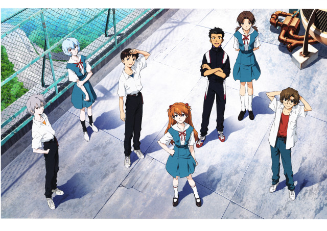 Anime characters sidewalk fence bench free wallpaper for desktop - medium preview image