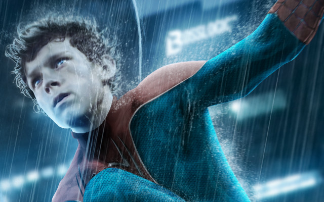 Man blue suit rain arms free wallpaper for desktop - medium preview image