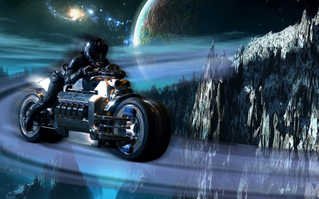 Man motorcycle futuristic landscape mountain free wallpaper for desktop - medium preview image