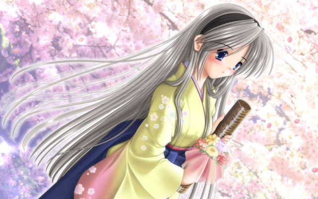 White haired fan cherry blossoms free wallpaper for desktop - medium preview image