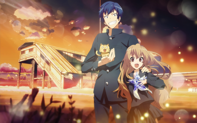 Anime couple characters building cat free wallpaper for desktop - medium preview image