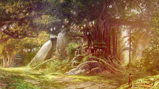 Forest treehouse man standing painting free wallpaper for desktop - medium preview image