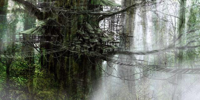 Tree house woods ladder digital free wallpaper for desktop - medium preview image