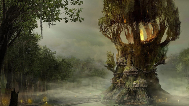 Fantasy tree house forest bridge free wallpaper for desktop - medium preview image