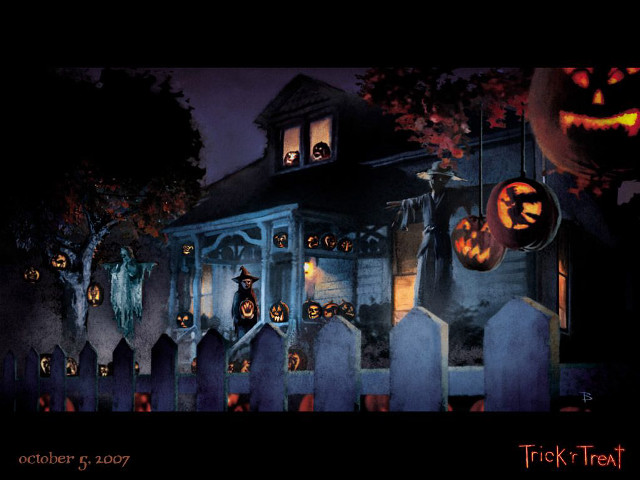 House pumpkins ghosts night full free wallpaper for desktop - medium preview image