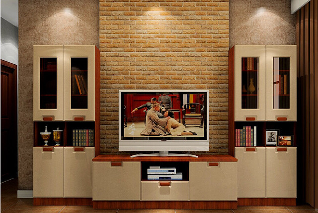 Living room television bookshelf brick free wallpaper for desktop - medium preview image