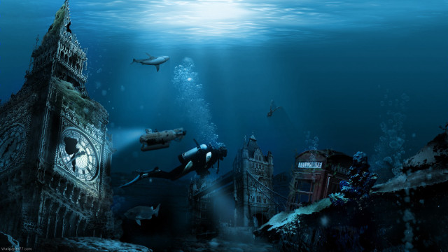 Underwater clocktower shark divers night free wallpaper for desktop - medium preview image