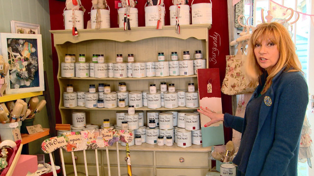 Woman standing paint jars chair free wallpaper for desktop - medium preview image