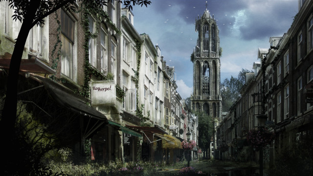 City street church tower people free wallpaper for desktop - medium preview image
