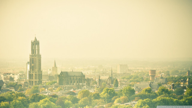 City clock tower trees buildings free wallpaper for desktop - medium preview image