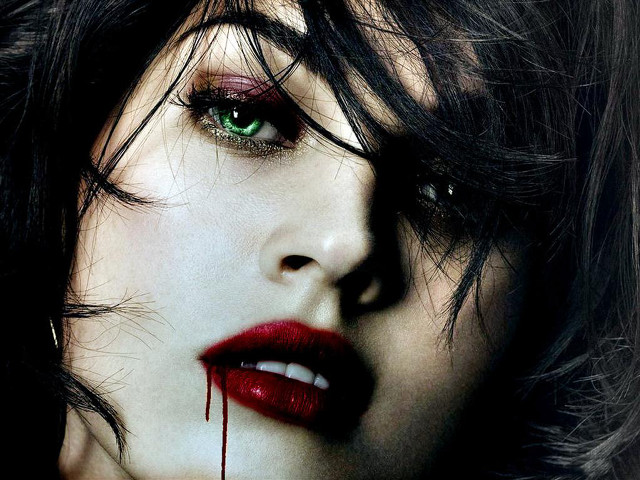 Gothic woman greeneyes blood redlipstick free wallpaper for desktop - medium preview image