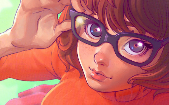 Girl glasses sweater camera hand free wallpaper for desktop - medium preview image