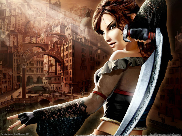 Woman knife sword city bridge free wallpaper for desktop - medium preview image