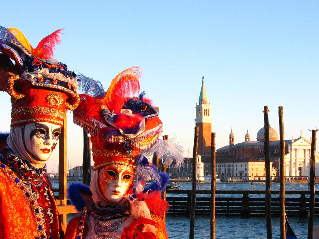 Masked figures water city bridge free wallpaper for desktop - medium preview image