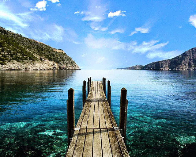 Wooden dock ocean mountains sunny free wallpaper for desktop - medium preview image