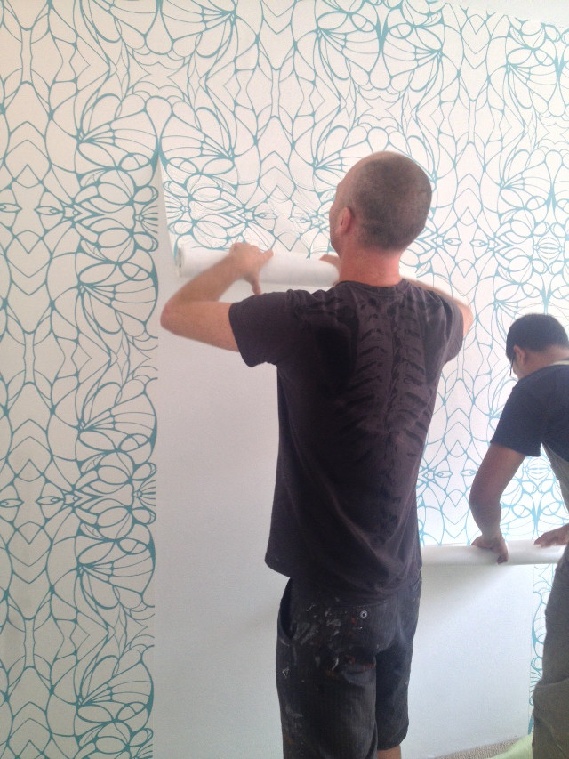 Man painting wall blue white free wallpaper for mobile - medium preview image