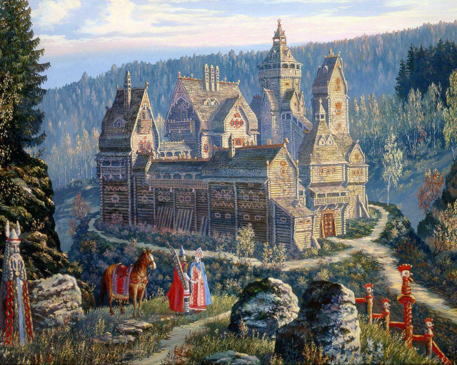 Castle people horse mountain painting free wallpaper for desktop - medium preview image