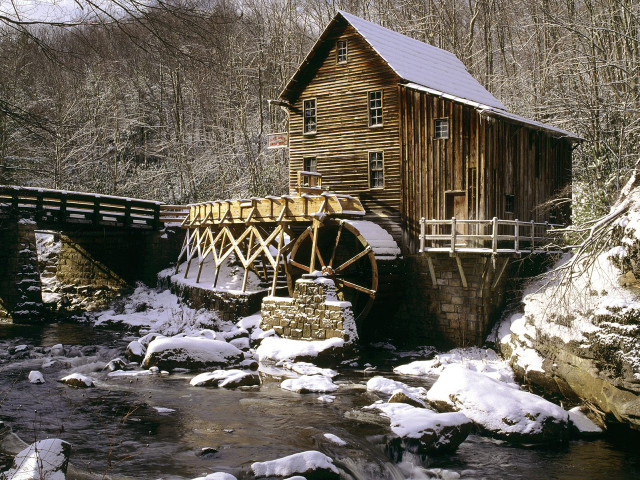 Wooden structure water wheel snow free wallpaper for desktop - medium preview image