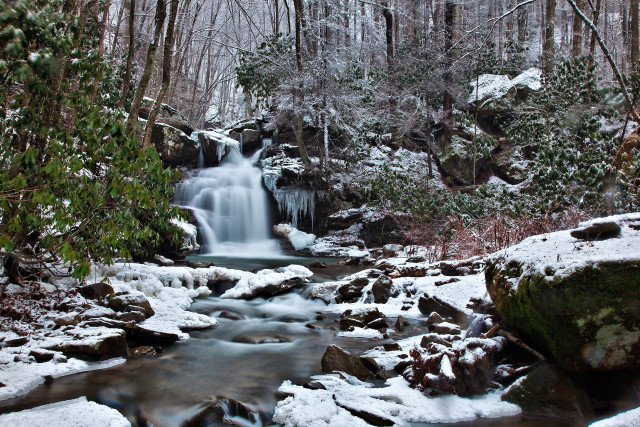 Small waterfall snowy forest rocks free wallpaper for desktop - medium preview image
