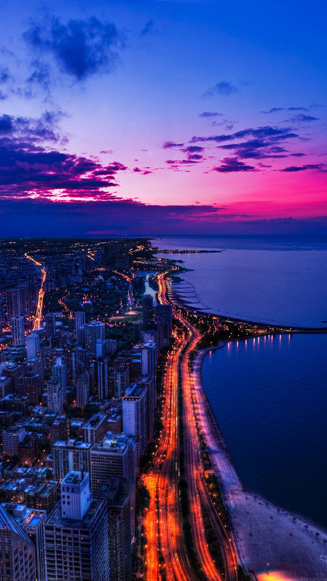 City skyline road dusk purple free wallpaper for mobile - medium preview image