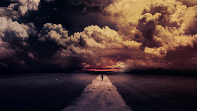 Lone person road cloudy sky free wallpaper for desktop - medium preview image