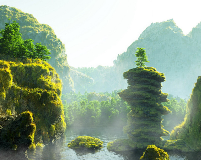 River trees bushes mist fog free wallpaper for desktop - medium preview image