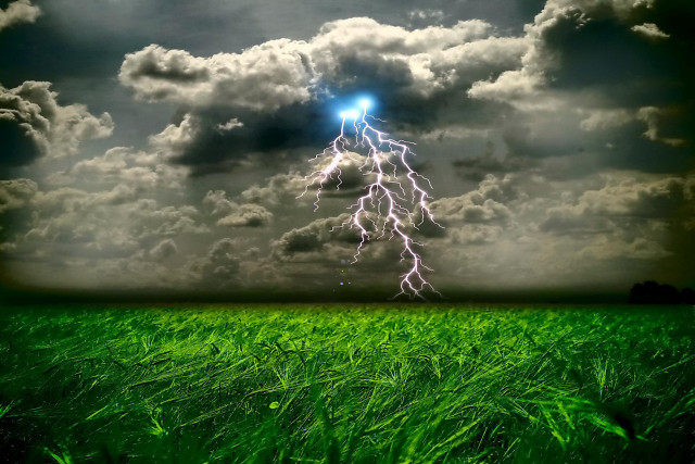 Lightning bolt sky field grass free wallpaper for desktop - medium preview image