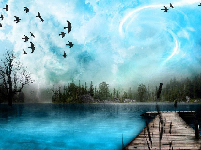 Dock birds flying lake painting #2 free wallpaper for desktop - medium preview image