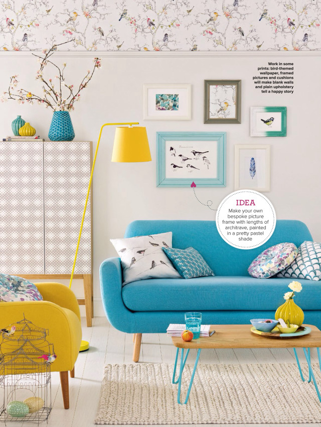 Living room blue couch yellow free wallpaper for mobile - medium preview image