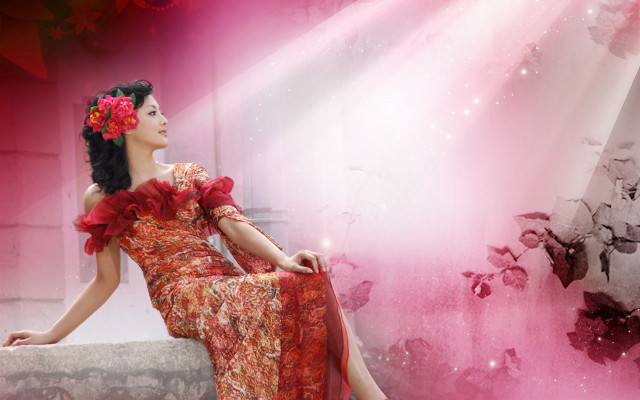 Woman red dress ledge pink free wallpaper for desktop - medium preview image