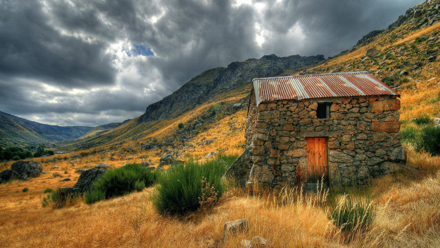 Small stone building field mountains free wallpaper for desktop - medium preview image