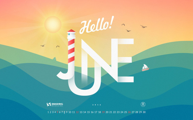Hello june calendar lighthouse sailboat free wallpaper for desktop - medium preview image