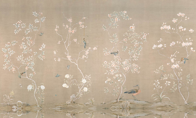 Birds flowers pond wall painting free wallpaper for desktop - medium preview image