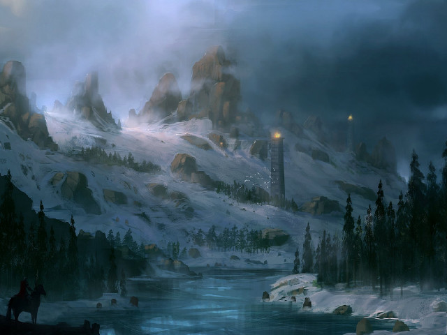 Snowy mountain river castle sky free wallpaper for desktop - medium preview image