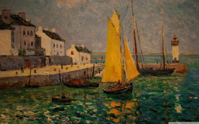 Harbor boats houses lighthouse cloudy free wallpaper for desktop - medium preview image