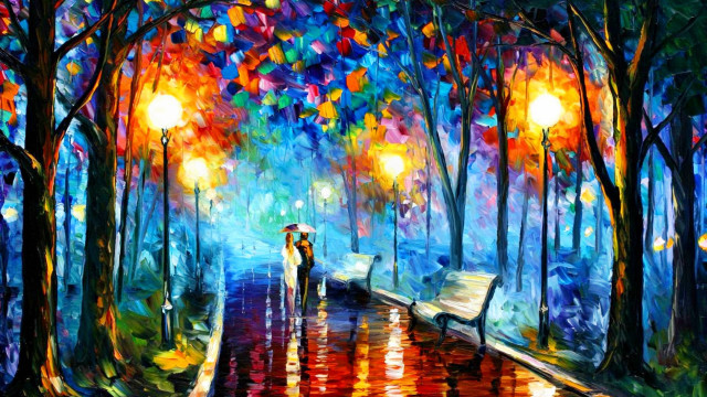 Couple umbrella autumn leaves city free wallpaper for desktop - medium preview image